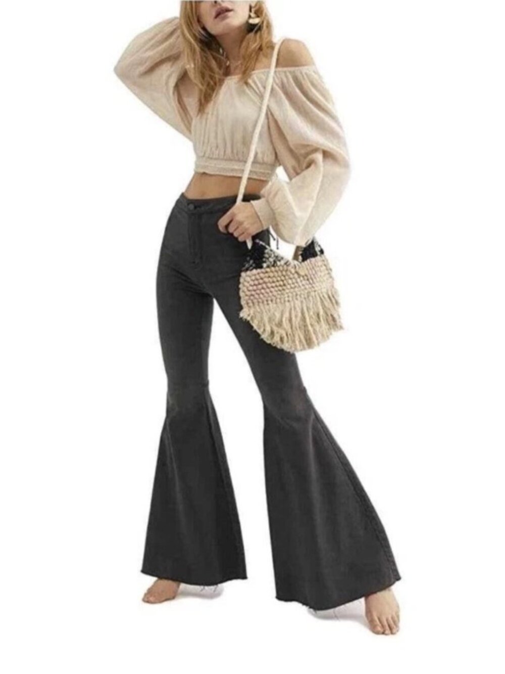 FREE PEOPLE Just Float On High Rise Flared Leg Stretch Jeans Size 26 Onyx